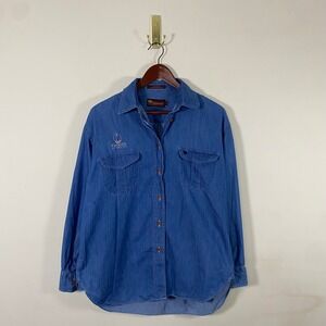 Vintage Golf Denim Button Up Shirt‎ Long Sleeve Cotton Embroidered Lighthouse
